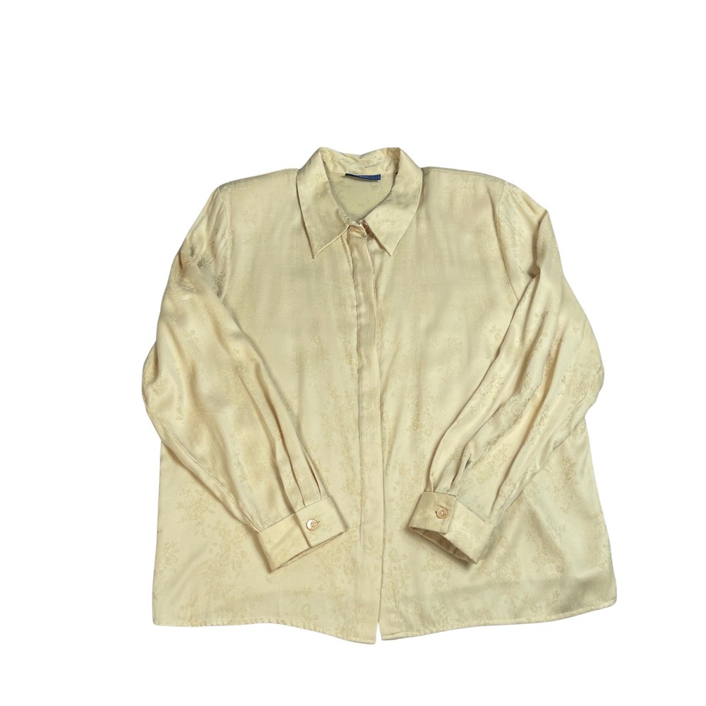 Karen Scott Butter Yellow Floral Jacquard Button Up Shirt‎ Blouse Top XL